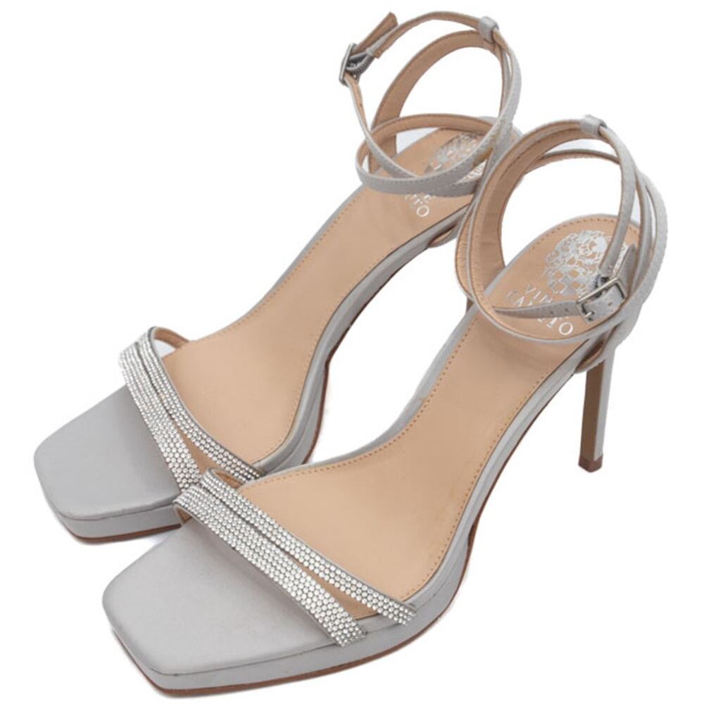 New Vince Camuto Gray Silver Satin Kiahna Ankle Wrap Stiletto Heels Size 9